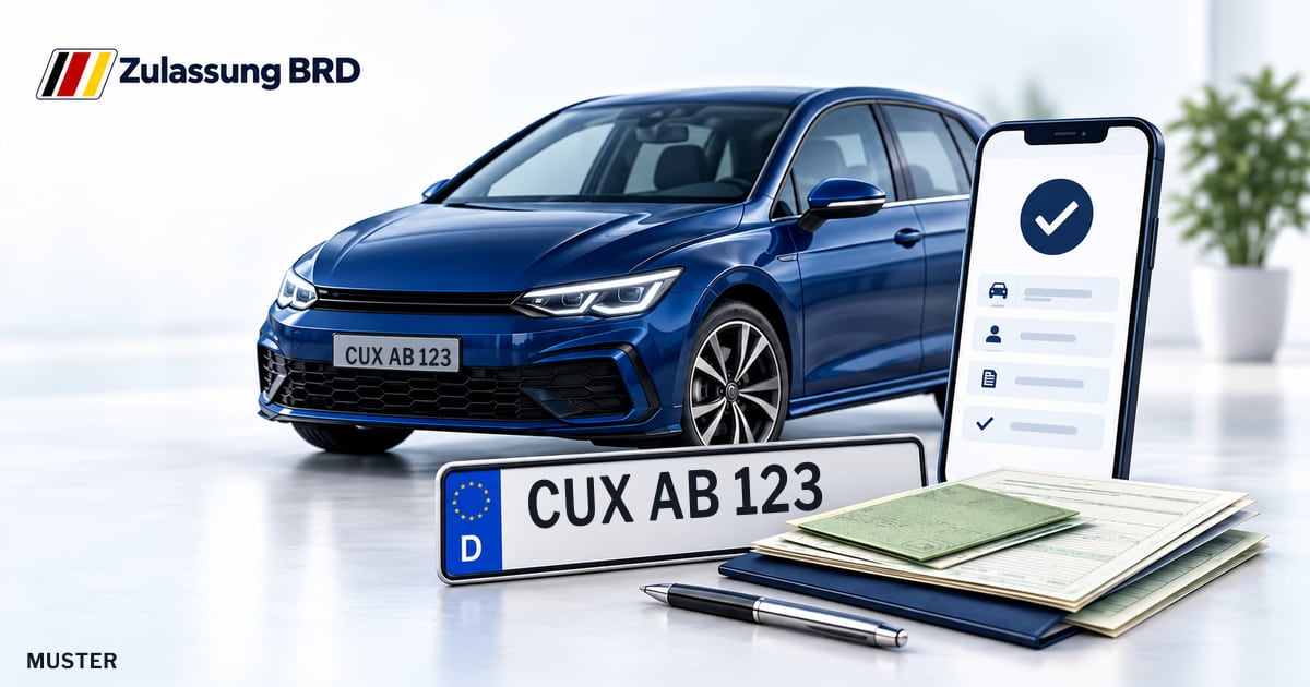 Online Fahrzeugzulassung in Loxstedt: Musterkennzeichen CUX AB 123, Auto und Fahrzeugpapiere und Smartphone. Illustration mit Logo von Zulassung BRD.